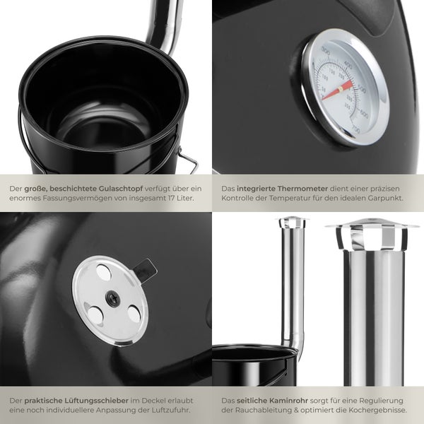 Details eines Gulaschtopfs mit Thermometer, Entlüftungsschieber und seitlichem Kaminrohr