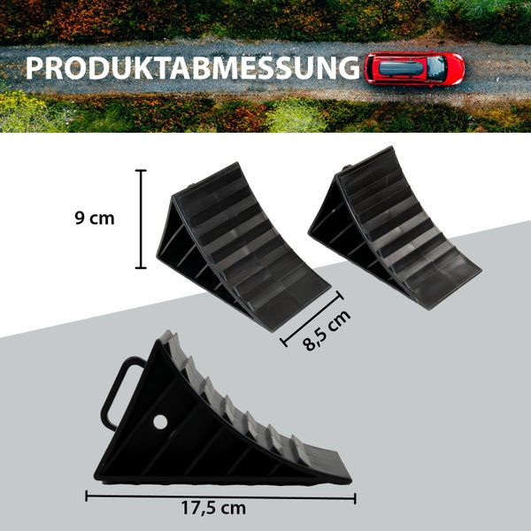 Abbildung eines Unterlegkeils mit den Maßen 17,5 cm x 8,5 cm x 9 cm