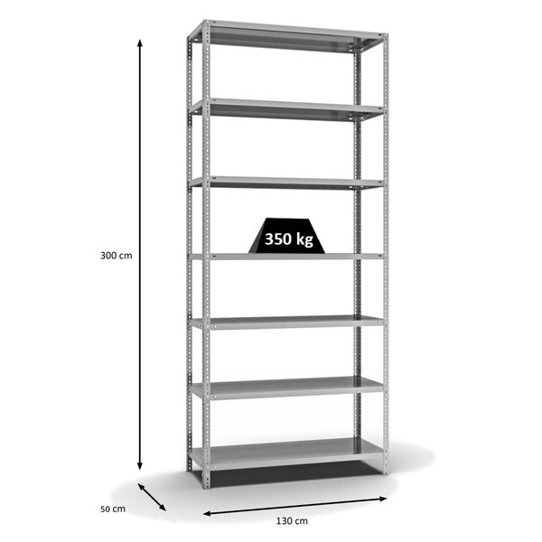 PROREGAL Fachbodenregal Schraubsystem Heavy-Duty Grundregal HxBxT 300 x 130 x 50 cm 7 Ebenen Fachlast 350 kg Beidseitig Nutzbar Verzinkt