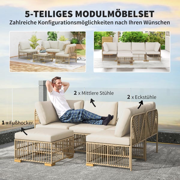 Outsunny Ecklounge-Set aus Polyrattan Gartenmöbel Set mit Ecksofa Sessel Hocker Kissen wetterfest Gartenlounge für 5 Personen Balkonmöbel Outdoor Sitzgruppe für Garten Balkon Naturholz+Cremeweiß