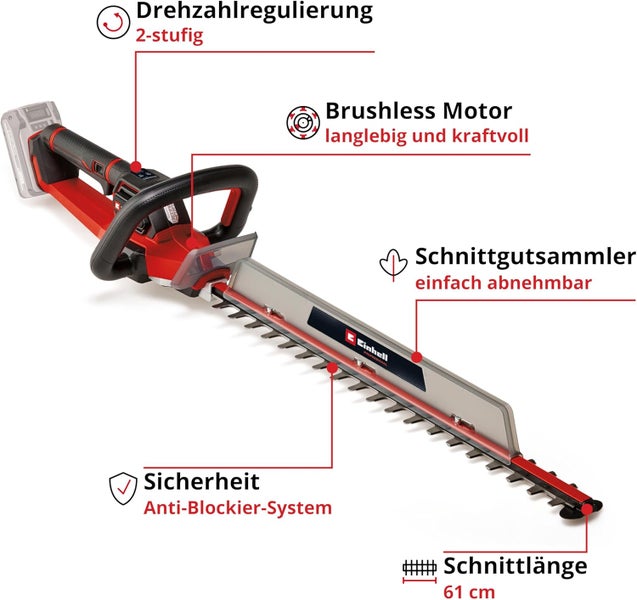 Einhell Akku-Heckenschere: 2-stufige Drehzahl, bürstenloser Motor, Schnittgutsammler, Anti-Blockier-System, 61 Zentimeter Schnittlänge.