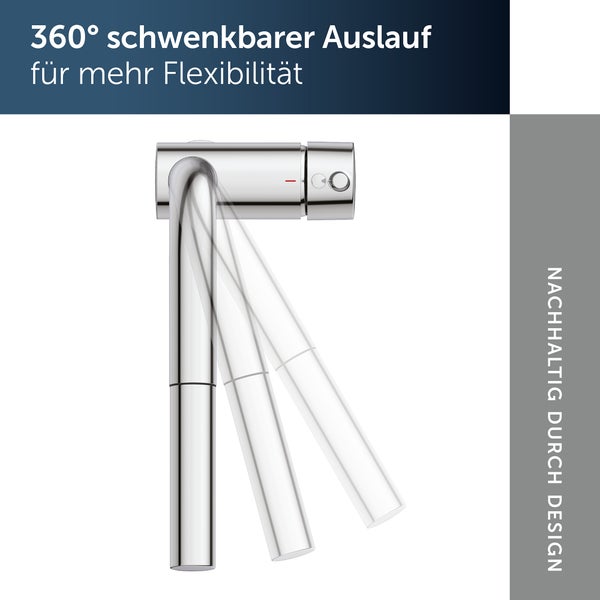 Einhebel-Küchenarmatur aus verchromtem Metall mit hohem Auslauf und Bedienhebel an der Seite.