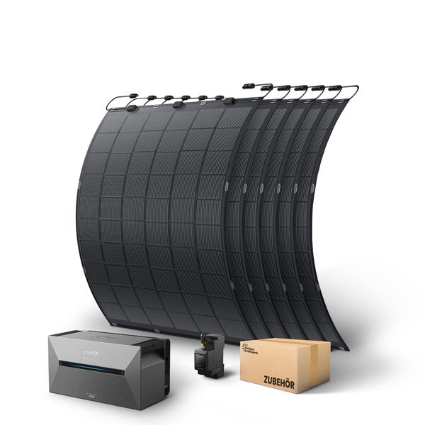 Anker SOLIX Balkonkraftwerk Set mit sechs flexiblen Solarmodulen, einer Solarbank zwei Pro, einem Smart Meter und Zubehör.