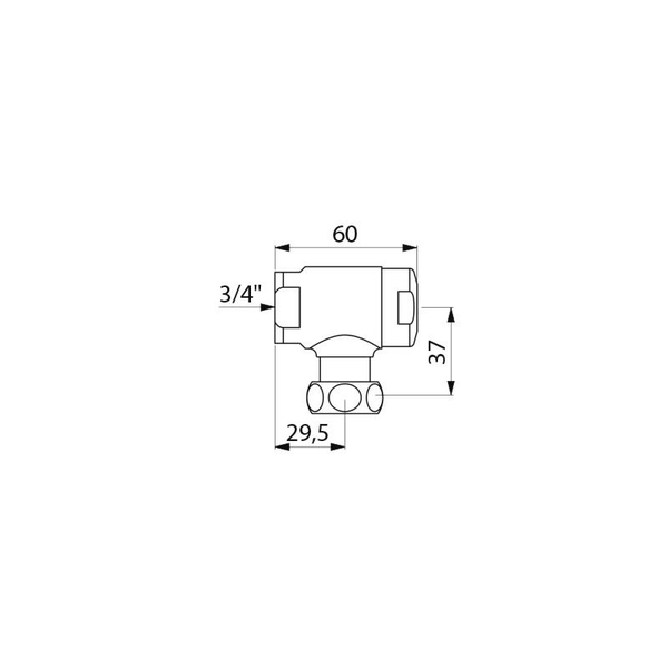 Technische Zeichnung einer Sanitärarmatur mit Maßen in Millimetern: 60 breit, 37 hoch, 29,5 am Anschluss und 3/4 Zoll Gewinde.