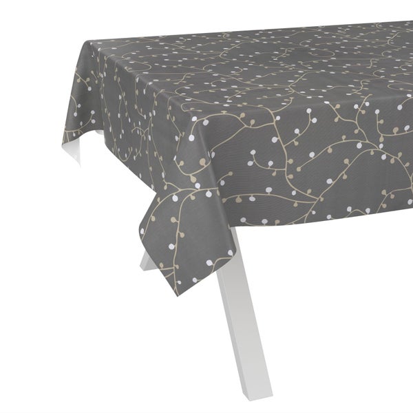 Tischdecke mit dekorativem Muster aus feinen Zweigen und kleinen Knospen.