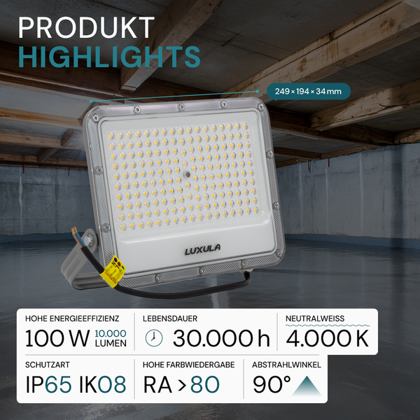 Luxula LED-Strahler mit den Maßen 249 x 194 x 34 Millimeter, 100 Watt Leistung, 10000 Lumen, Schutzart IP65 IK08, Lebensdauer 30000 Stunden, 4000 Kelvin und einem Abstrahlwinkel von 90 Grad