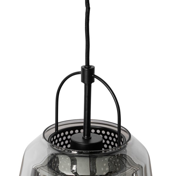 Hängelampe mit transparentem Lampenschirm und schwarzer Aufhängung