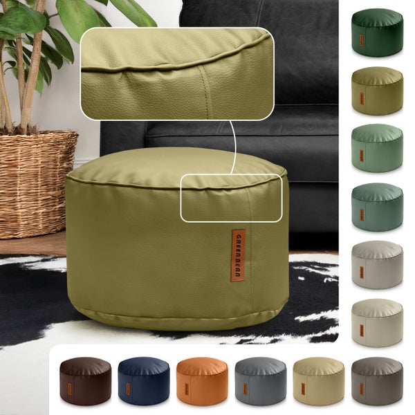 Runder Sitzpouf aus Leder mit Ziernähten und Markenlogo