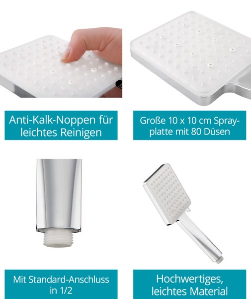 Handbrause mit quadratischer 10 mal 10 cm Sprühplatte, 80 Antikalk-Düsen, 1/2 Zoll Standardanschluss und Gehäuse aus leichtem Material.