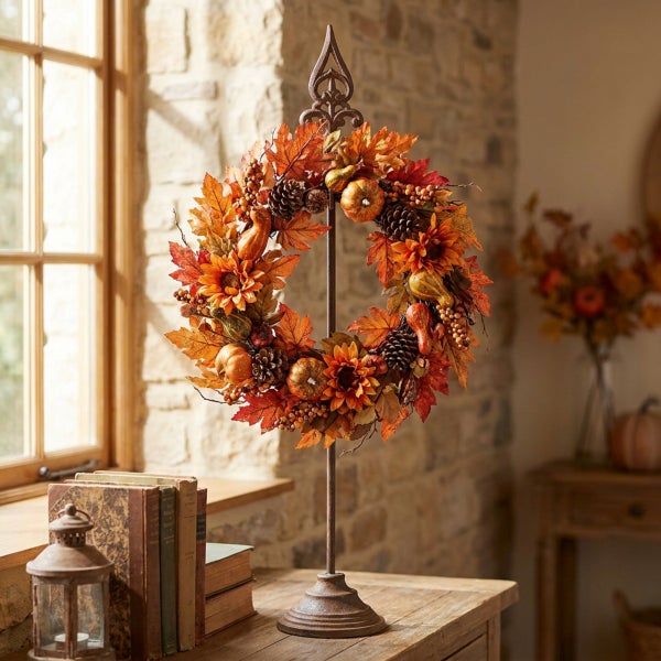 Herbstlicher Dekokranz mit Blättern, Kürbissen und Zapfen an einem Metallständer, präsentiert auf einem Tisch.