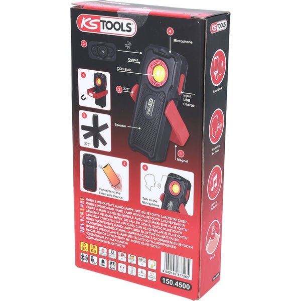 KS Tools LED-Arbeitsleuchte mit Maßen: Höhe 155 Millimeter, Breite 70 Millimeter, Tiefe 30 Millimeter. Mit zentralem Licht und KS Tools Logo.