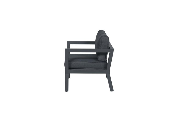 Anthrazitfarbener Garten-Loungesessel aus Aluminium mit Polstern, Seitenansicht.