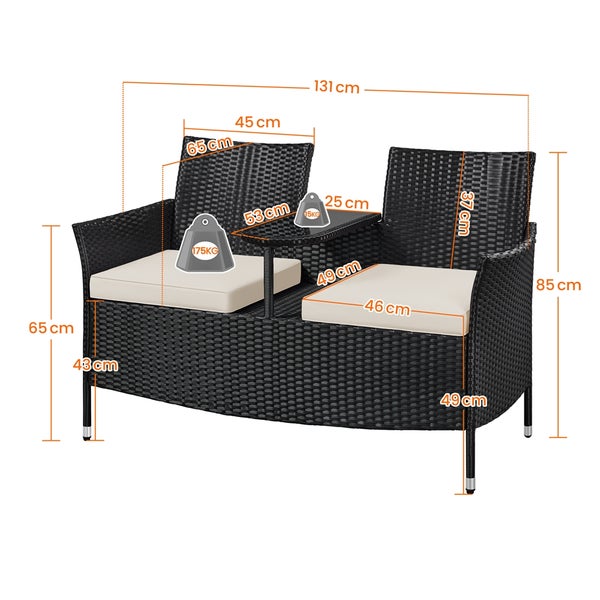 Gartenmöbel-Set mit zwei Sitzen, Tisch und Maßangaben