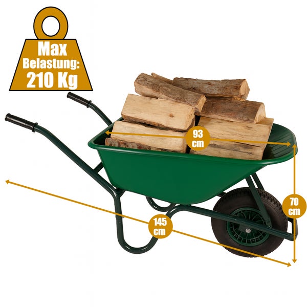 Grüne Schubkarre mit Holz und Maßangaben: 70 cm Höhe, 93 cm Breite, 145 cm Länge. Maximale Belastung: 210 kg.