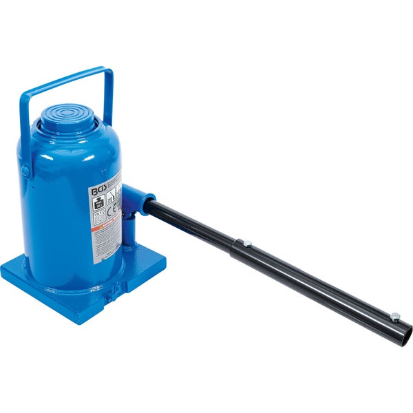 Hydraulischer Stempelwagenheber aus Metall für Lasten bis zu 32 Tonnen mit Tragegriff und langer Pumpstange.