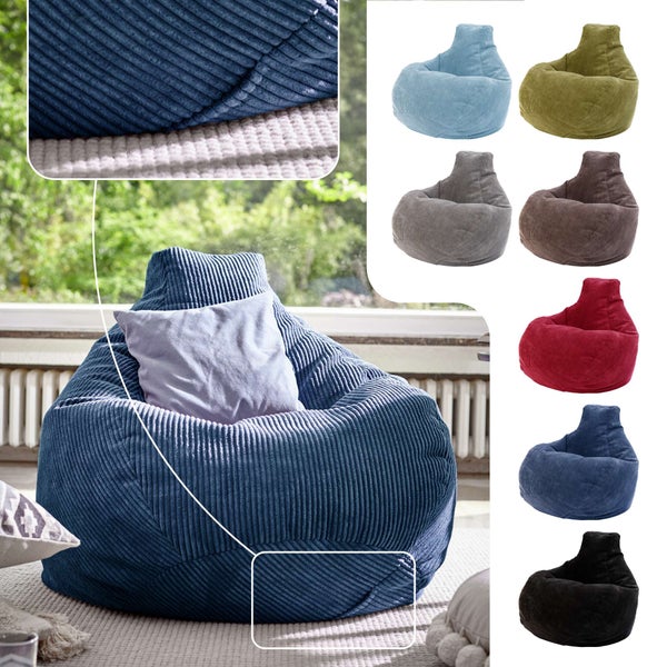 Green Bean Sitzsack mit Rückenlehne 80x80x90cm - Gaming Chair mit 230L Füllung Cordstoff - Bean Bag Bodenkissen Lounge Sitzhocker Relax-Sessel Gamer Gamingstuhl Dunkelblau