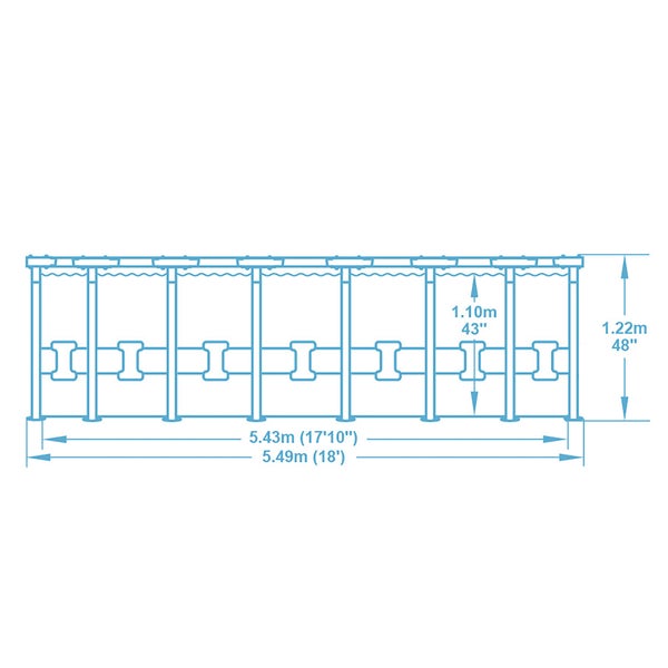 Technische Zeichnung eines Pools mit Maßen: Länge 5.49 Meter, Innenlänge 5.43 Meter, Gesamthöhe 1.22 Meter, Wasserhöhe 1.10 Meter.