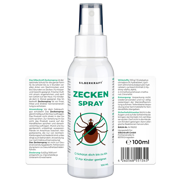Silberkraft Zeckenspray 100 ml – Hautverträglicher Zeckenschutz für Babys ab 6 Monaten, Kinder & Erwachsene – DEET-frei, schützt vor Zecken & Mücken, Dermatologisch getestet – Langzeitschutz bis zu 6 Stunden