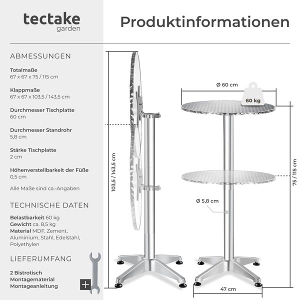 Produktinformationen für zwei tectake garden Bistrotische mit Maßen, Materialien wie Aluminium, 60 Kilogramm Belastbarkeit und tectake garden Logo.