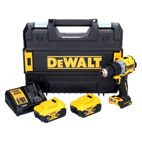 DeWALT Akku-Bohrschrauber Set mit Transportkoffer, zwei 18 Volt 5,0 Amperestunden Akkus und Ladegerät.