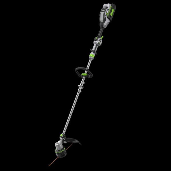 Akku-Rasentrimmer von EGO mit verstellbarem Handgriff und Teleskopstiel in Grau, Schwarz und Grün.