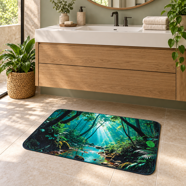 Badezimmermatte mit Waldmotiv vor einem hängenden Waschtisch aus Holz in einem hellen, modern eingerichteten Badezimmer mit Pflanzen.