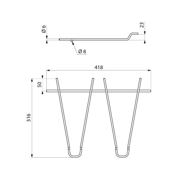 Maßzeichnung eines Metallgestells mit Angaben in Millimetern: Gesamtlänge 418, Höhe 316, Drahtdurchmesser 6 und 8.