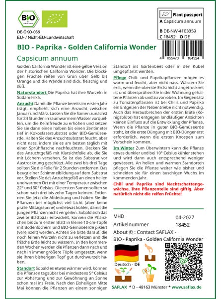SAFLAX Anzucht Set - BIO - Paprika - Golden California Wonder - Capsicum annuum - 20 Samen - Mit Mini-Gewächshaus, Anzuchtsubstrat und 2 Töpfen