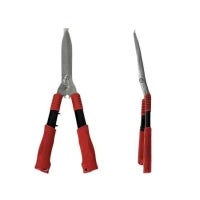Heckenschere mit geraden Metallklingen und ergonomischen Griffen in Rot und Schwarz, Vorder- und Seitenansicht.