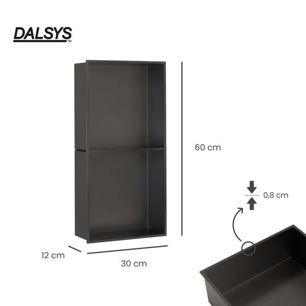 Dalsys Wandnische für Dusche und Bad in Anthrazit mit zwei Fächern, 60 mal 30 mal 12 Zentimeter, Randstärke 0,8 Zentimeter, Dalsys Logo.