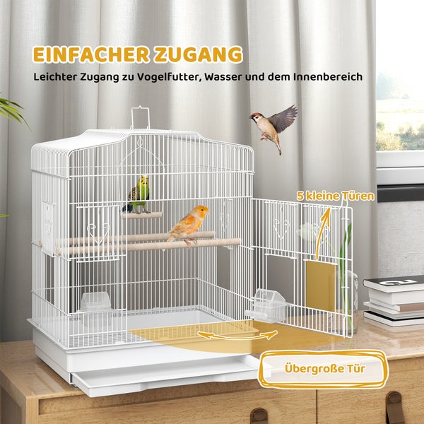 Metall-Vogelkäfig mit einer großen geöffneten Tür und fünf kleinen Türen für einfachen Zugang, inklusive Sitzstangen und Vögeln.