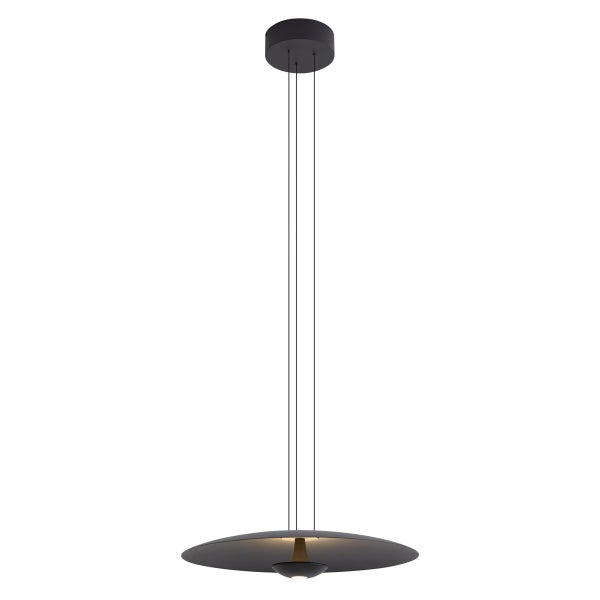 Moderne LED Pendelleuchte mit flachem rundem Schirm und filigraner Aufhängung