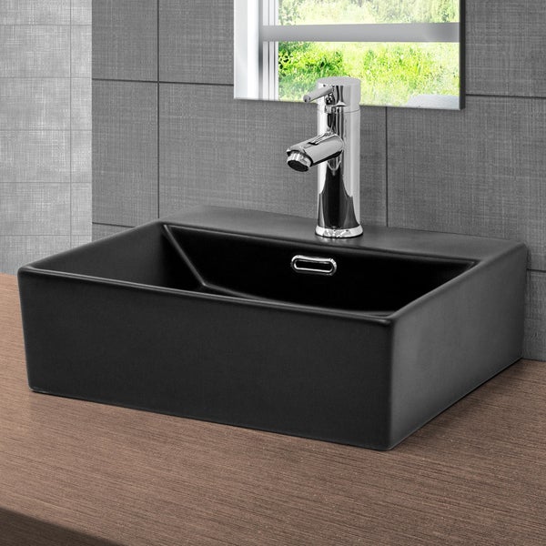ML-Design Waschbecken Keramik Schwarz 415x365x130mm inkl. Ablaufgarnitur Eckige Aufsatzwaschbecken Moderne Waschtisch Waschschale mit Überlauf und Abflussloch Waschplatz Handwaschbecken für Badezimmer