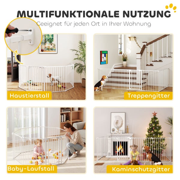 Multifunktionales Schutzgitter aus Metall, abgebildet als Haustierstall, Treppengitter, Baby-Laufstall und Kaminschutzgitter.