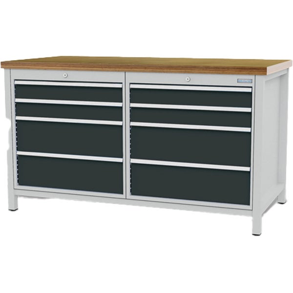 Werkbank mit acht Schubladen, Holzplatte, Metallgestell und Küpper Logo.