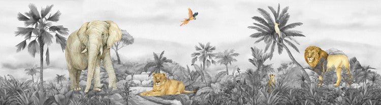 Illustration einer Dschungelszene mit Elefant, Löwe und exotischen Pflanzen