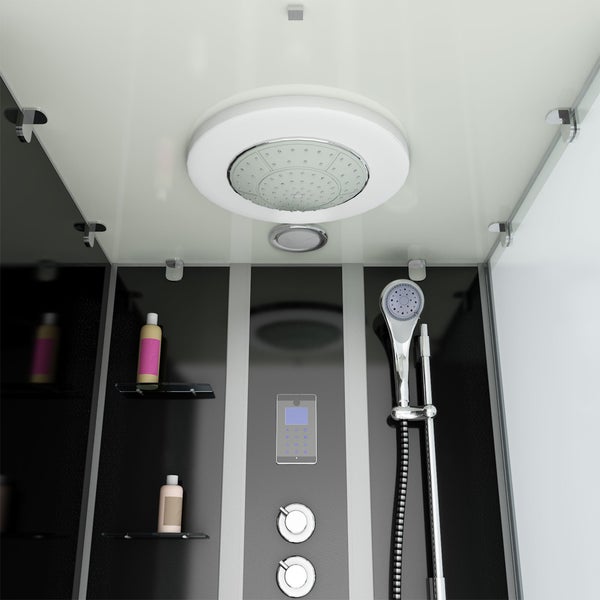 Moderne Duschsäule in einer Glaskabine mit Handbrause, digitalem Display, drei Drehreglern, drei Massagedüsen und Glasablagen.