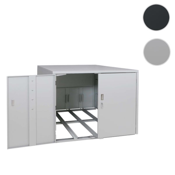 Graue Mülltonnenbox aus Metall mit zwei Türen, eine Tür geöffnet, integrierter Bodenrahmen, Schloss mit Schlüssel.