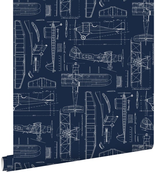 ESTAhome Tapete Kontruktionszeichnungen von Flugzeugen Dunkelblau - 53 cm x 10.05 m - 128810