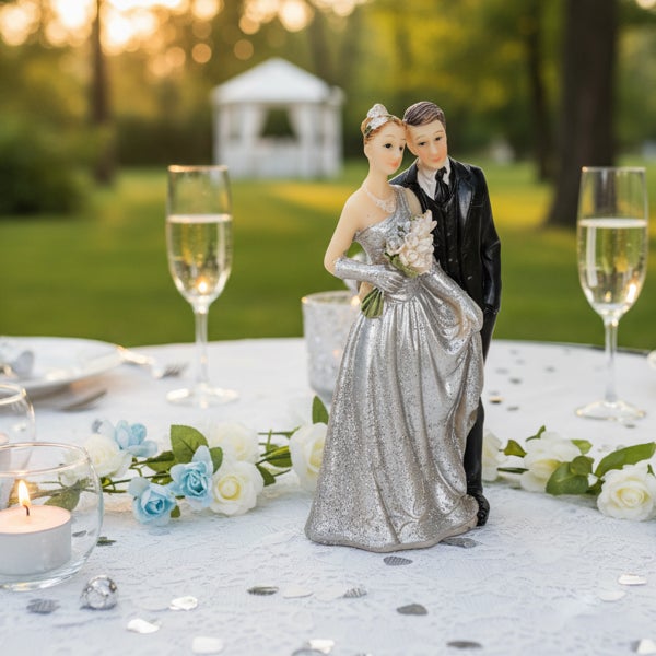 Tortenfigur Brautpaar in Silber und Schwarz auf festlich dekoriertem Hochzeitstisch mit Blumen und Kerzen in heller Atmosphäre.