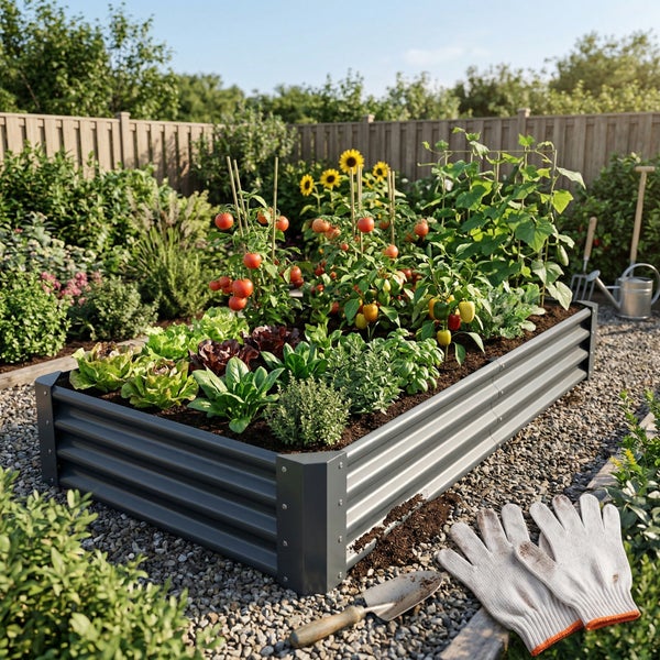 Rechteckiges Hochbeet aus anthrazitfarbenem Wellblech, bepflanzt mit Tomaten, Paprika und Salat in einem organisierten Garten mit Holzzaun.