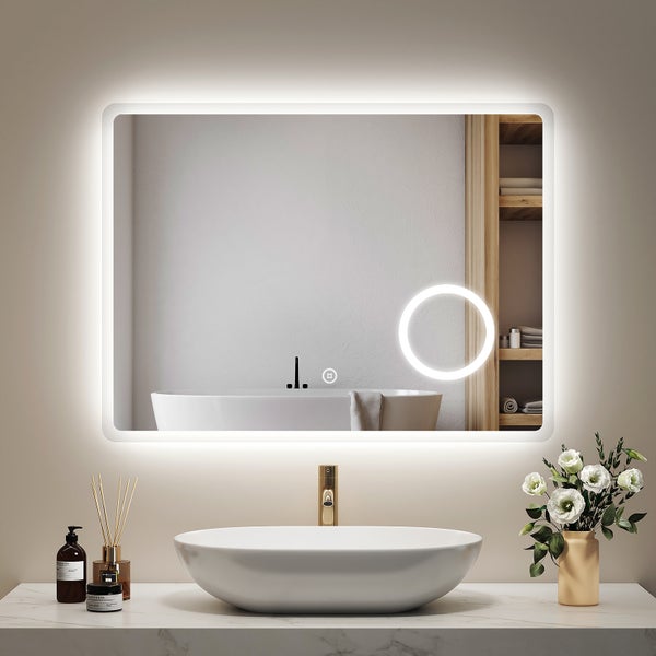 EMKE LED Badspiegel 80x60 cm, Kaltweiß/Warmweiß/Neutralweiß, Touchschalter, dimmbare Helligkeit, beschlagfrei, 3-fache Vergrößerung, IP44, für Bad
