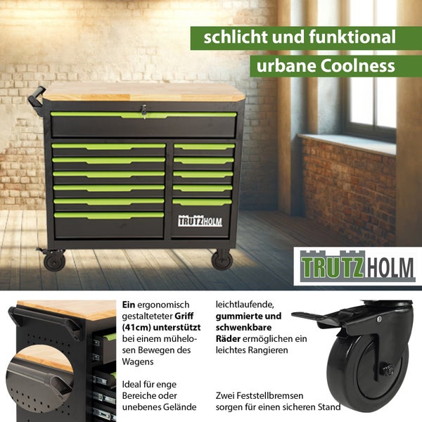 Trutzholm Werkstattwagen mit Massivholzplatte, mehreren Schubladen, ergonomischem 41 Zentimeter Griff und gummierten Lenkrollen in einer Werkstatt.