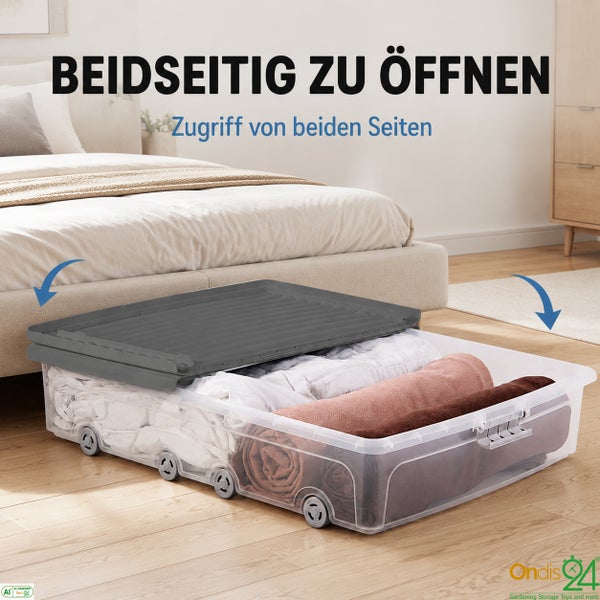 Unterbettkommode mit Rollen und beidseitig zu öffnendem Deckel zur Aufbewahrung von Textilien unter dem Bett