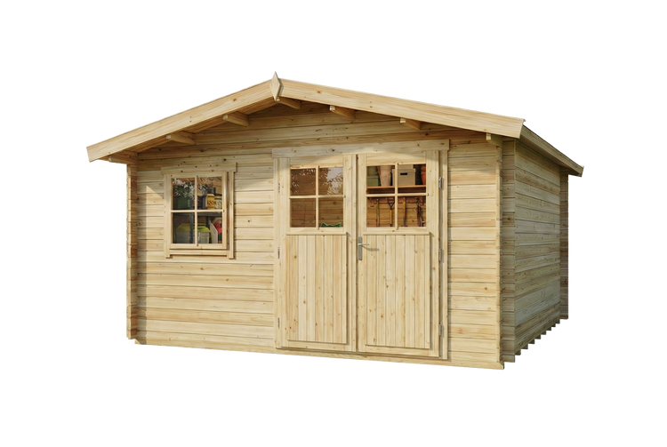Gartenhaus aus Holz mit Satteldach, Doppeltür mit Fenstern und einem Seitenfenster.