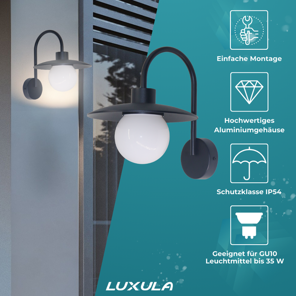Luxula Außenwandleuchte aus Aluminium, Schutzklasse IP54, geeignet für GU10 Leuchtmittel bis 35 Watt, geschwungener Arm mit Kugelschirm.