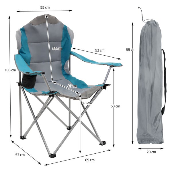 ECD Germany Campingstuhl faltbar, Grau-Blau, Angelstuhl mit Getränkehalter & Tragetasche, Gartenstuhl klappbar, Übergroßer Klappstuhl mit Hochlehner, Gepolster Faltstuhl leicht, Anglerstuhl tragbar