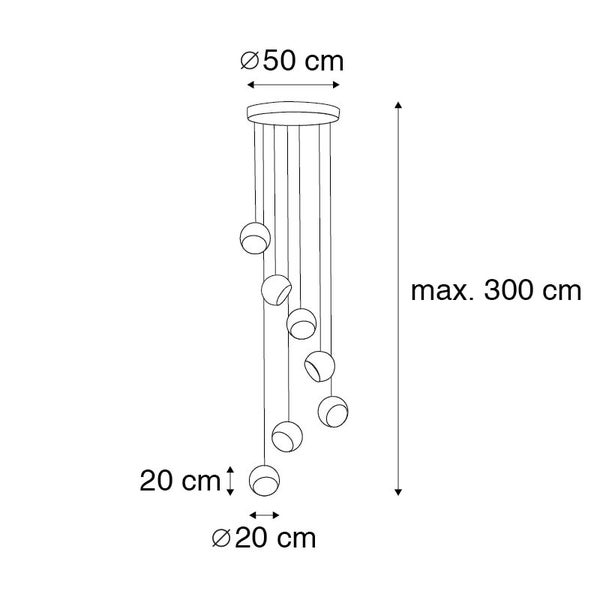 Skizze einer Hängeleuchte mit sieben kugelförmigen Lampenschirmen, Durchmesser der Aufhängung 50 cm, Durchmesser der Lampenschirme 20 cm, maximal 300 cm Länge.