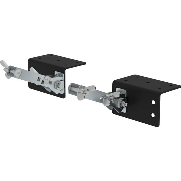 Zwei schwarze L-Halterungen aus Metall mit silbernen Spannmechanismen und vorgebohrten Montagelöchern.