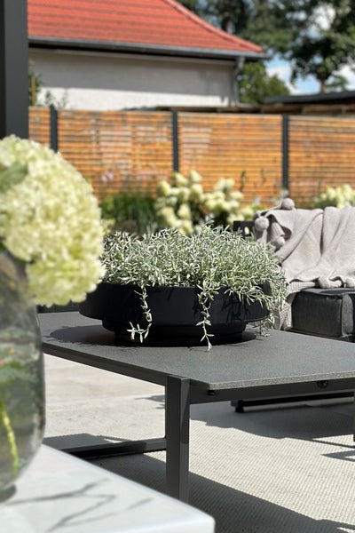Schwarze, runde Pflanzschale auf einem grauen Outdoor-Couchtisch auf einer modern gestalteten Terrasse mit Holzzaun im Hintergrund.